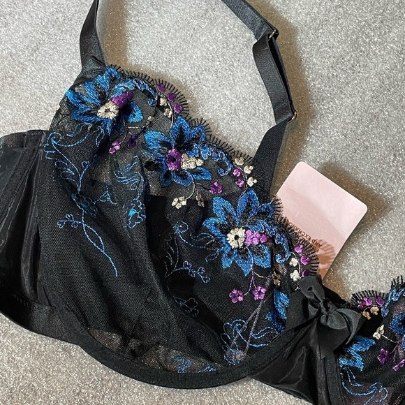 Savage X Fenty Wallflower Unlined Balconette Bra blk Caviar Deco Embroidery 44DD - Picture 5 of 11